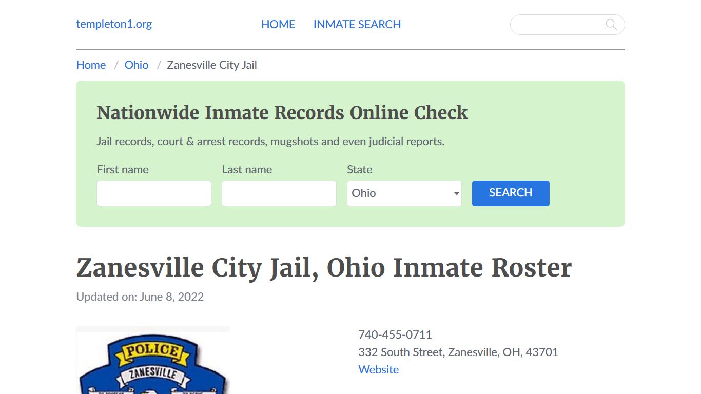 Zanesville City Jail, Ohio Inmate Booking